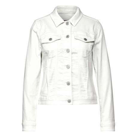 Blouson en jean écru unie coupe droite avec un col italien et manches longues