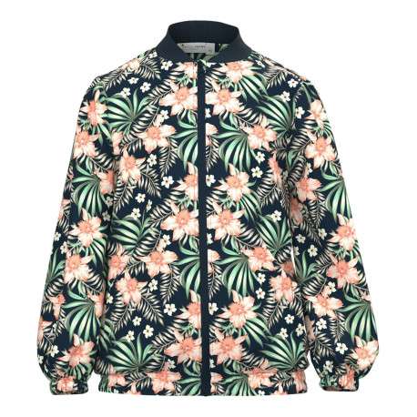 Bomber marine imprimé floral avec une coupe droite et un col teddy