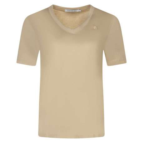 T-shirt en coton beige uni avec logo brodé une coupe droite et un col v côtelé