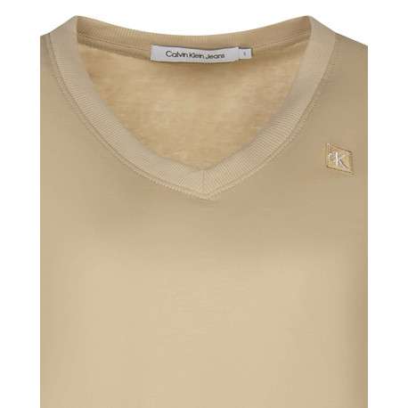 T-shirt en coton beige uni avec logo brodé une coupe droite et un col v côtelé - Image 3