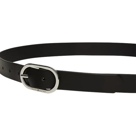 Ceinture en cuir noire unie avec une boucle en métal argenté et nom iconique - Image 2