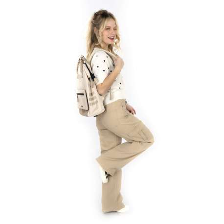Pantalon cargo en coton écru uni à coupe droite et taille intermédiaire