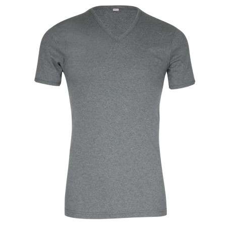 T-shirt gris uni avec une coupe droite un col en V et des manches courtes