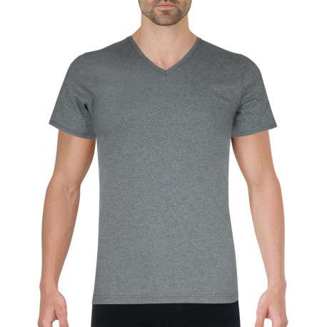 T-shirt gris uni avec une coupe droite un col en V et des manches courtes - Image 2