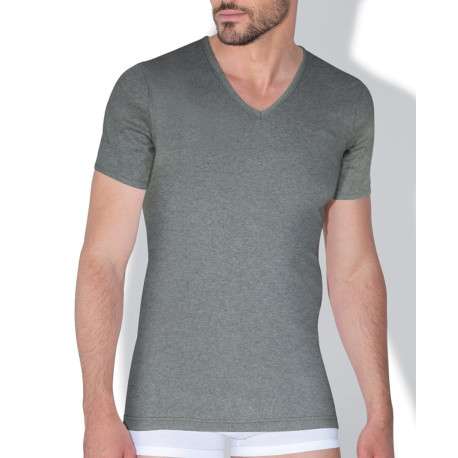 T-shirt gris uni avec une coupe droite un col en V et des manches courtes - Image 3