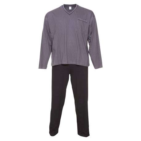 Ensemble de Pyjama long en coton anthracite rayé à coupe large et un col en V