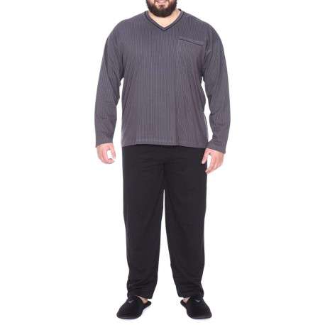Ensemble de Pyjama long en coton anthracite rayé à coupe large et un col en V - Image 3