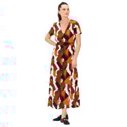 Robe longue chocolat avec imprimé géométrique coupe droite fluide et col v