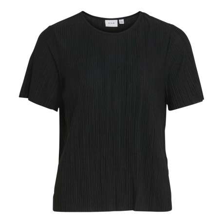 Top noir uni avec une coupe droite à col rond et des manches courtes