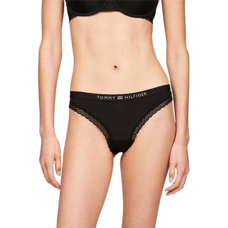 String noir uni avec de la dentelle et une taille élastiquée au nom de la marque - Image 2