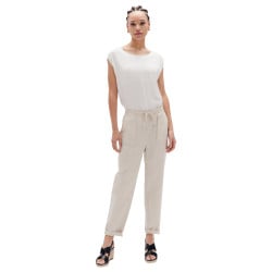 Pantalon en coton et lin mélangé beige uni avec une coupe droite
