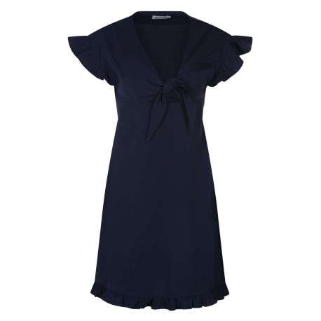 Robe courte bleue marine unie avec une coupe cintrée et un col v à nouer