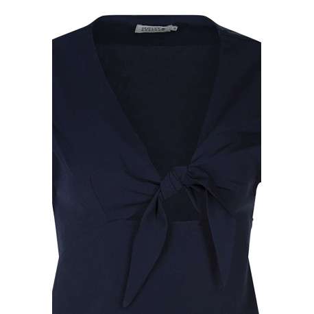 Robe courte bleue marine unie avec une coupe cintrée et un col v à nouer - Image 3