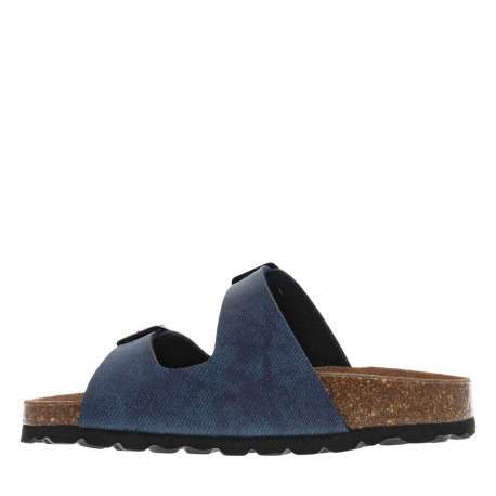 Mules bleues avec boucles à ardillon et un aspect liège autour de la semelle