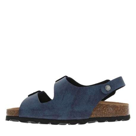 Nu-pieds bleus avec 3 brides ajustables et un aspect liège à la semelle