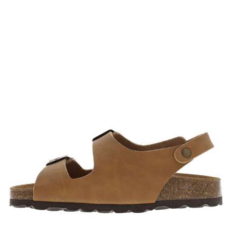 Nu-pieds camel avec un aspect liège à la semelle et 3 brides ajustables