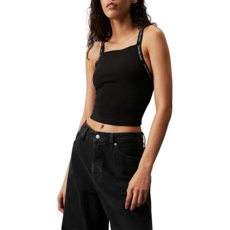 Top en coton noir uni avec une coupe cropped un col carré et des bretelles