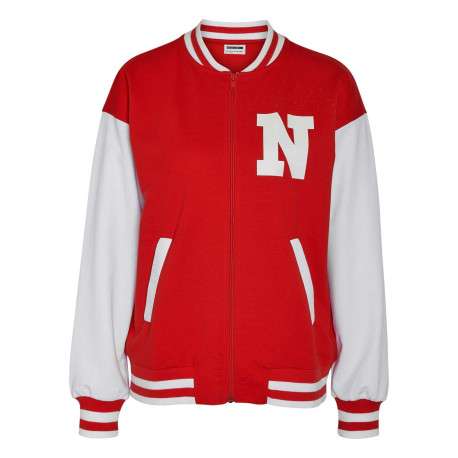 Cardigan zippé rouge et blanc avec une coupe oversize et un col teddy