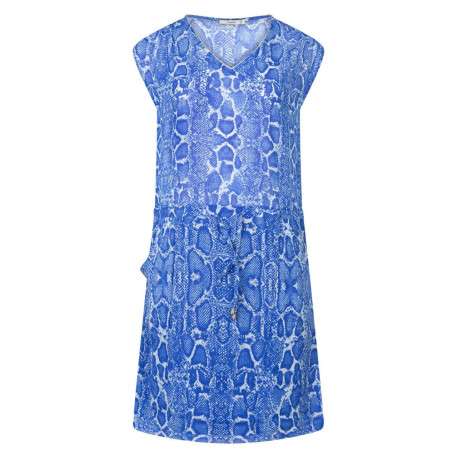 Robe courte bleue électrique imprimée peau de serpent avec une coupe droite