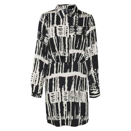 Robe courte noire et écrue à coupe droite fluide avec un col boutonné à revers