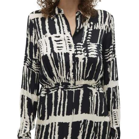 Robe courte noire et écrue à coupe droite fluide avec un col boutonné à revers - Image 3