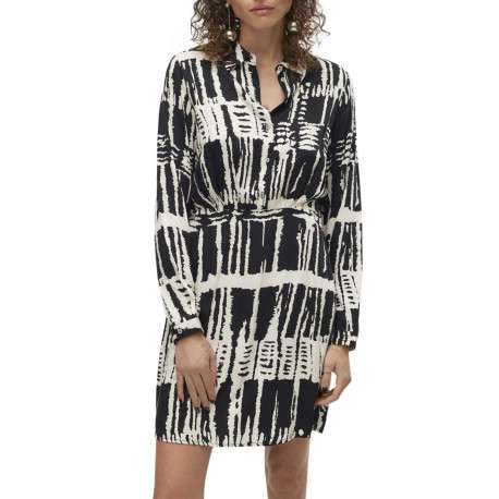 Robe courte noire et écrue à coupe droite fluide avec un col boutonné à revers - Image 4