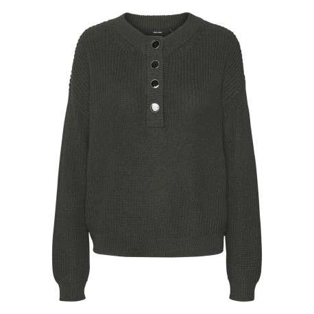 Pull kaki uni en maille tricotée à coupe droite et à col boutonné