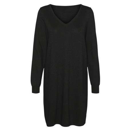 Robe pull mi-longue noire en maille pailletée avec une coupe droite et un col v