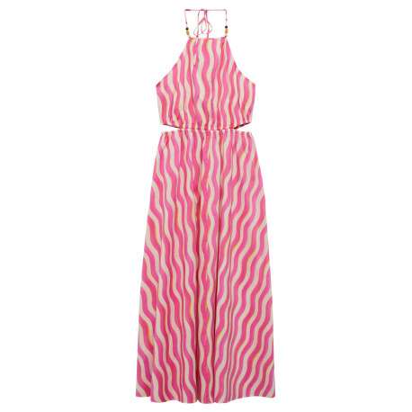 Robe longue en coton rose imprimé vagues avec coupe évasée et col carré