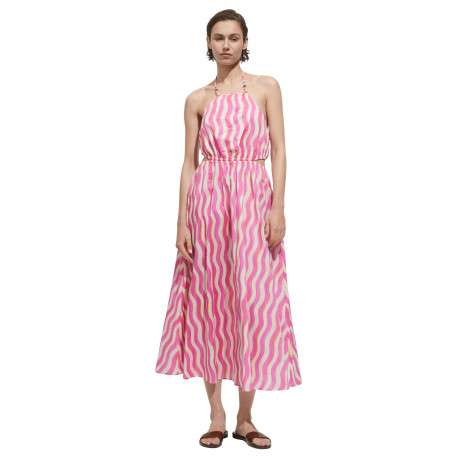Robe longue en coton rose imprimé vagues avec coupe évasée et col carré - Image 2
