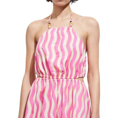 Robe longue en coton rose imprimé vagues avec coupe évasée et col carré - Image 4