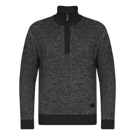 Pull en coton noir chiné avec une coupe droite et un col camionneur demi-zip