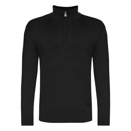 Pull noir uni avec une coupe droite et un col camionneur à fermeture demi-zip