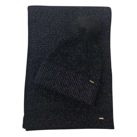 Coffret bonnet et écharpe en lurex argenté à coupe longue à pompon et à revers