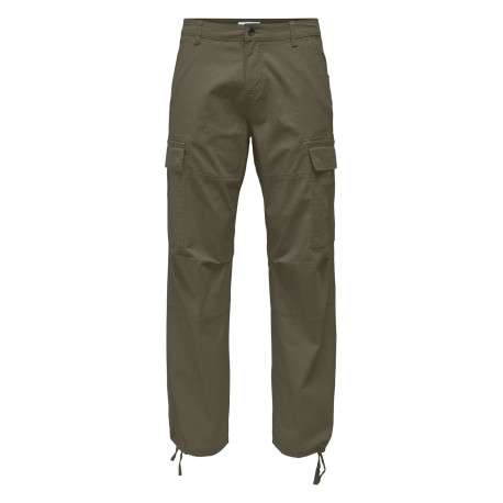 Pantalon en coton mélangé kaki uni avec des poches et une coupe droite