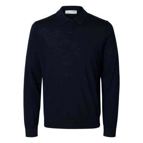 Pull en laine merinos marine uni avec une coupe droite et un col polo
