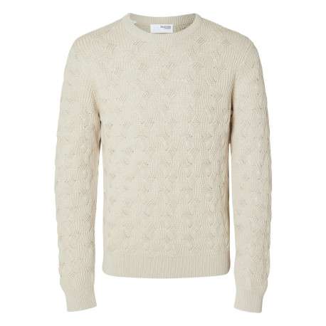 Pull en coton biologique mélangé écru en maille torsadée coupe droite col rond