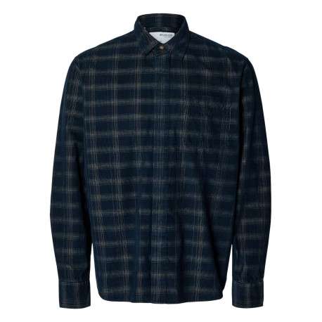 Chemise en coton mélangé marine à carreaux à coupe droite et col français