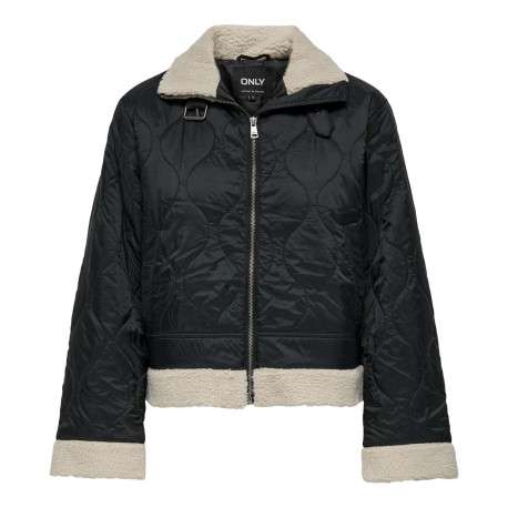 Blouson noir uni à fermeture zippée avec une coupe droite et un col à rabats