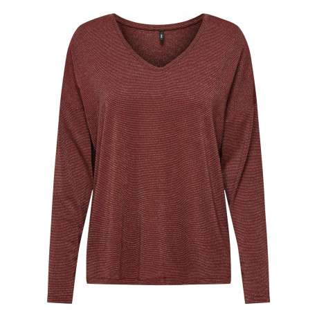 T-shirt bordeaux uni avec du lurex et une coupe droite à col v