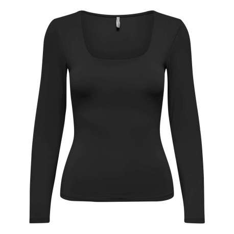 T-shirt noir uni avec une coupe droite et un col rond à manches longues