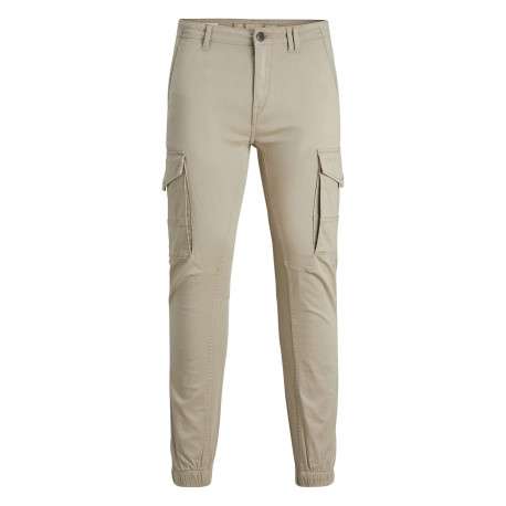 Cargo en coton biologique beige uni à coupe slim fit et à taille mi-haute