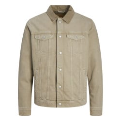 Blouson en jean en coton taupe avec détails délavés et un col à revers