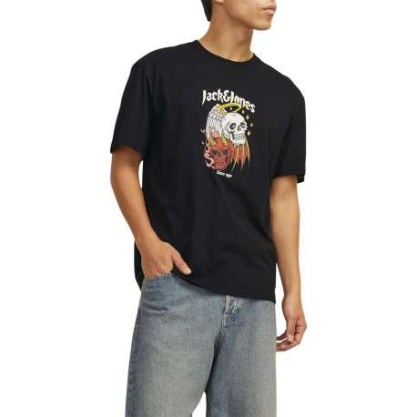 T-shirt en coton noir uni coupe droite avec imprimé tête de mort - Image 4
