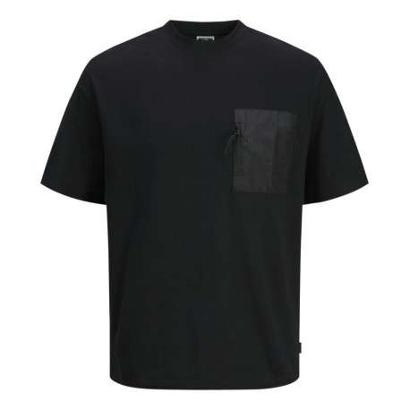 T-shirt en coton noir uni à coupe droite et à col rond avec une poche zippée