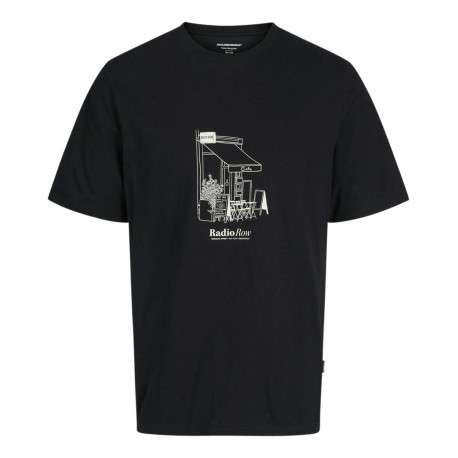 T-shirt en coton noir uni à coupe droite imprimé devanture d'un café
