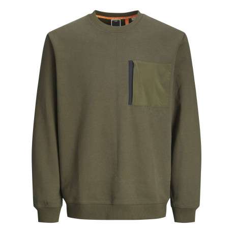 Sweat kaki uni à coupe droite et à col rond avec une poche zippée à la poitrine