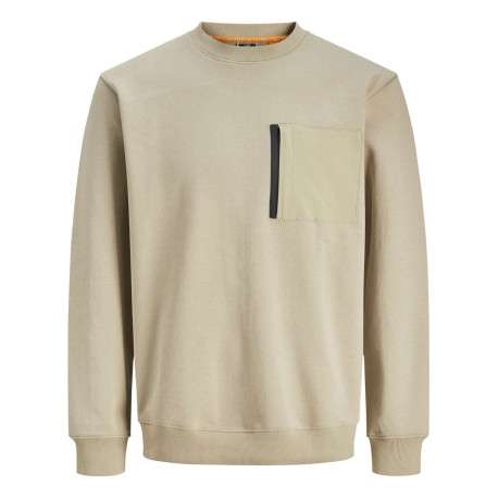 Sweat beige uni à coupe droite et à col rond avec une poche zippée à la poitrine