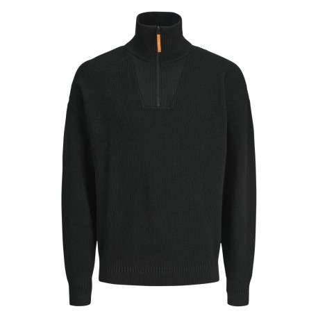 Pull en coton noir côtelé à coupe droite et col montant et zippé resserré