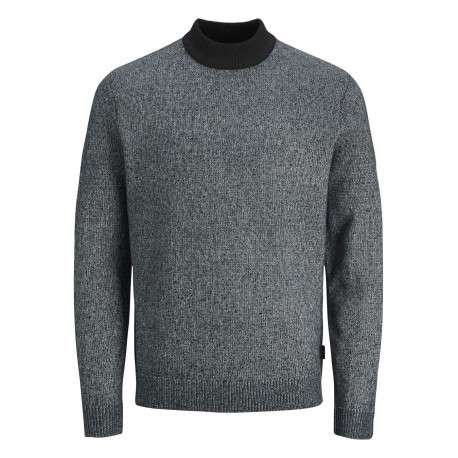 Pull gris anthracite chiné à coupe droite et à col montant noir en bord-côte